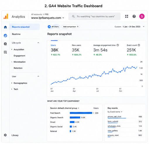 Google Analytics GA4 Dashboard — Panchshila Rendezvous showing 38,600 users, 35,900 new users, 3m 54s engagement