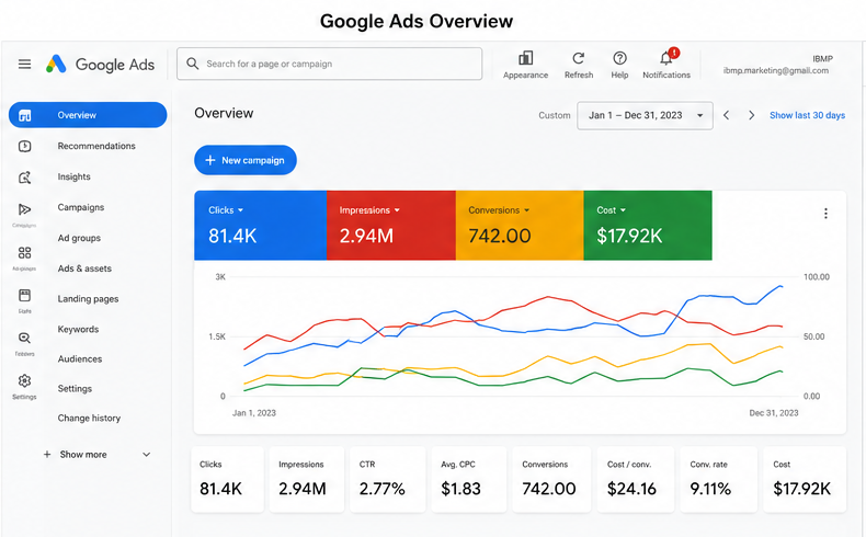 Google Ads Dashboard — IBMP Campaign Overview showing 81K clicks, 2.94M impressions, 742 conversions